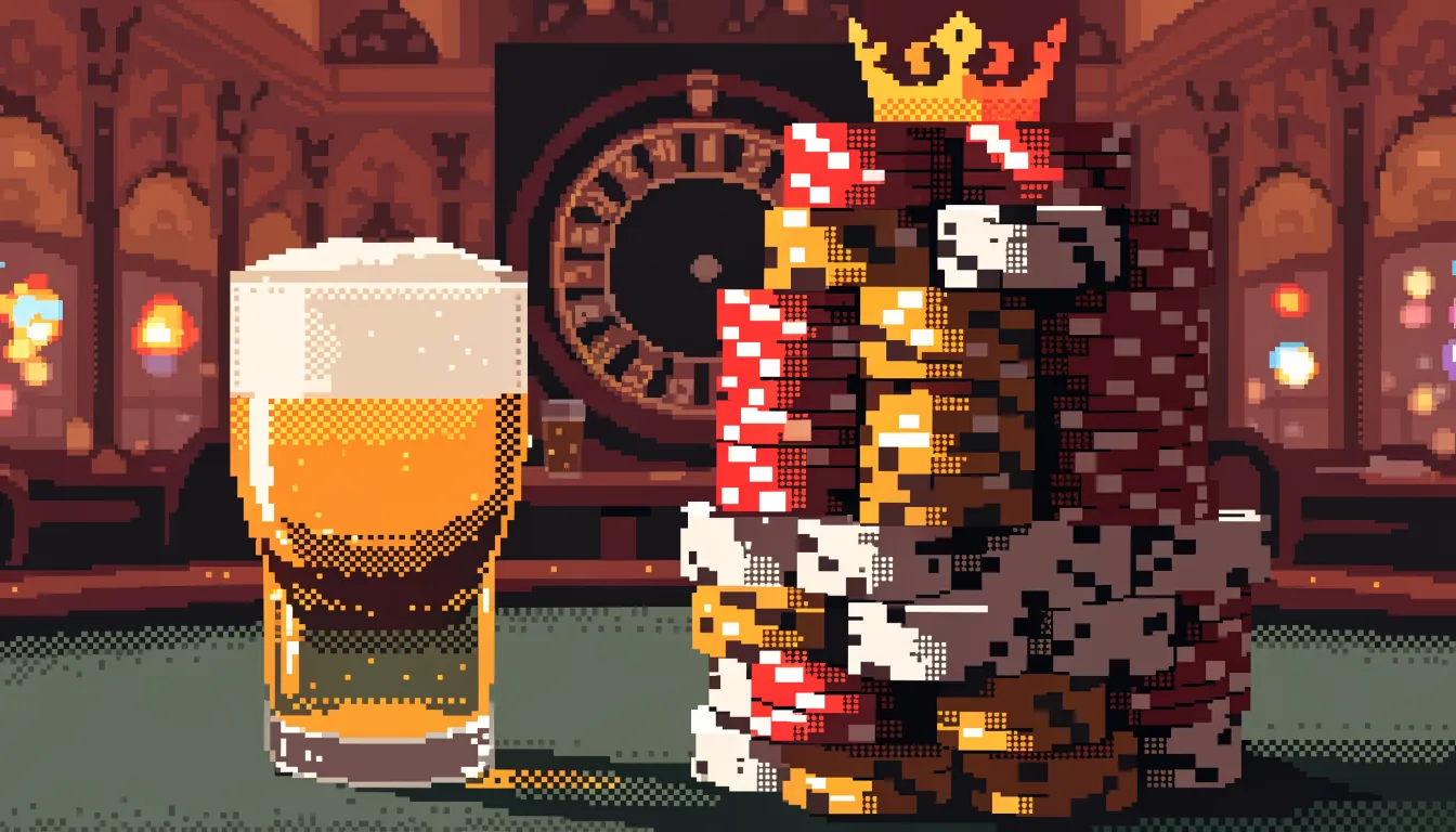 Hromádky casinových žetonů na zeleném stole se sklenicí českého piva a ruletou v pozadí
