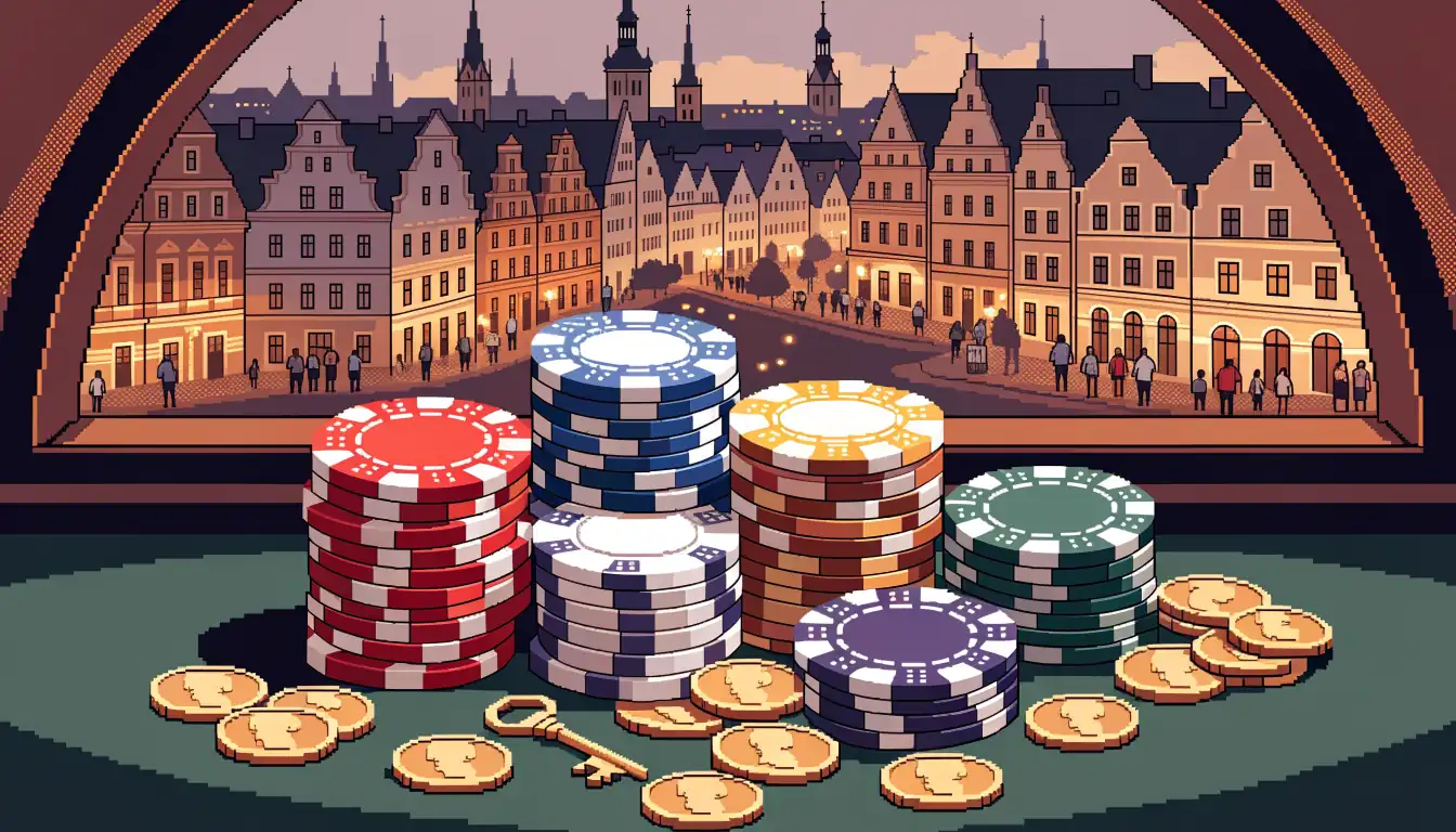 Hromady casinových žetonů a zlatých mincí na zeleném filcovém stole s výhledem na české město za soumraku.