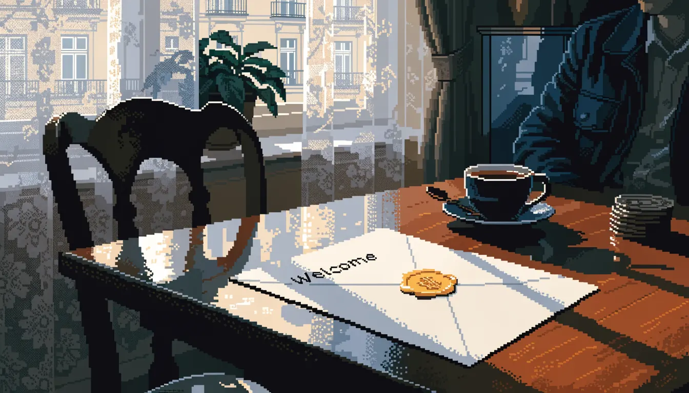 Zlatá obálka s pečetí na stole v pražském bytě s šálkem kávy