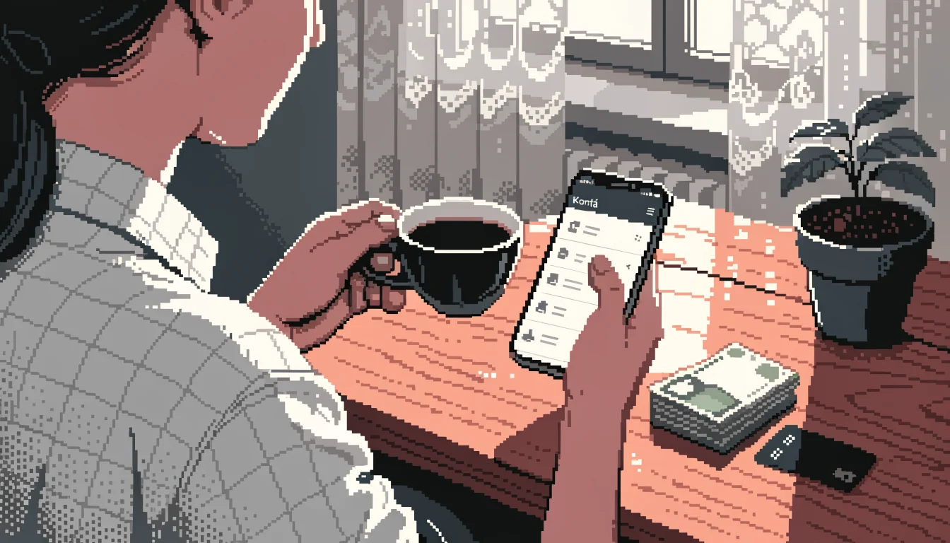 Hráč u stolu s mobilem a penězi, ranní světlo