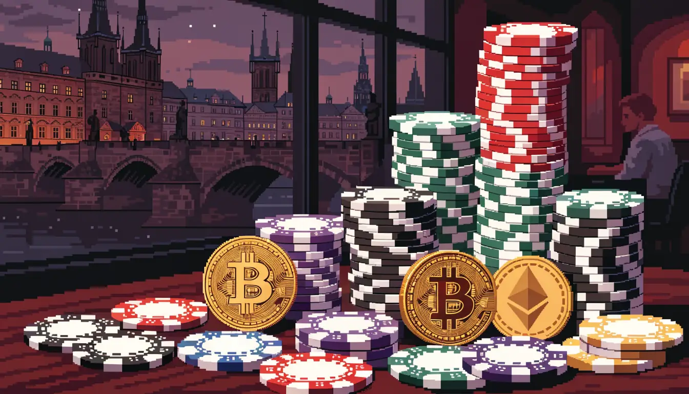 Zlaté krypto mince a barevné kasinové žetony na stole s pražským panorámatem v okně