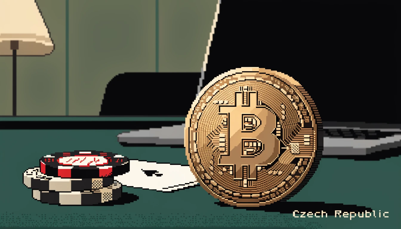 Bitcoin mince na zeleném herním stole s žetony a kartou