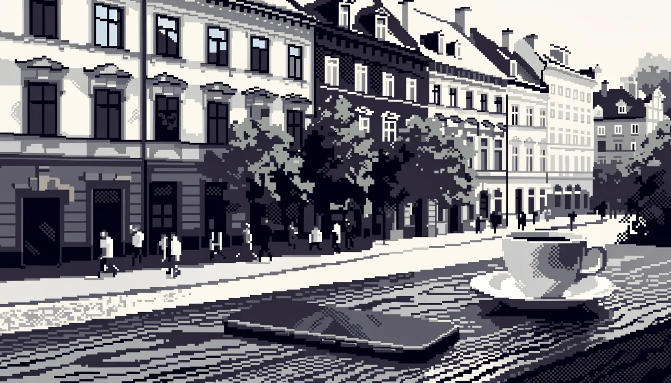 Mobilní telefon na stole v české kavárně u okna